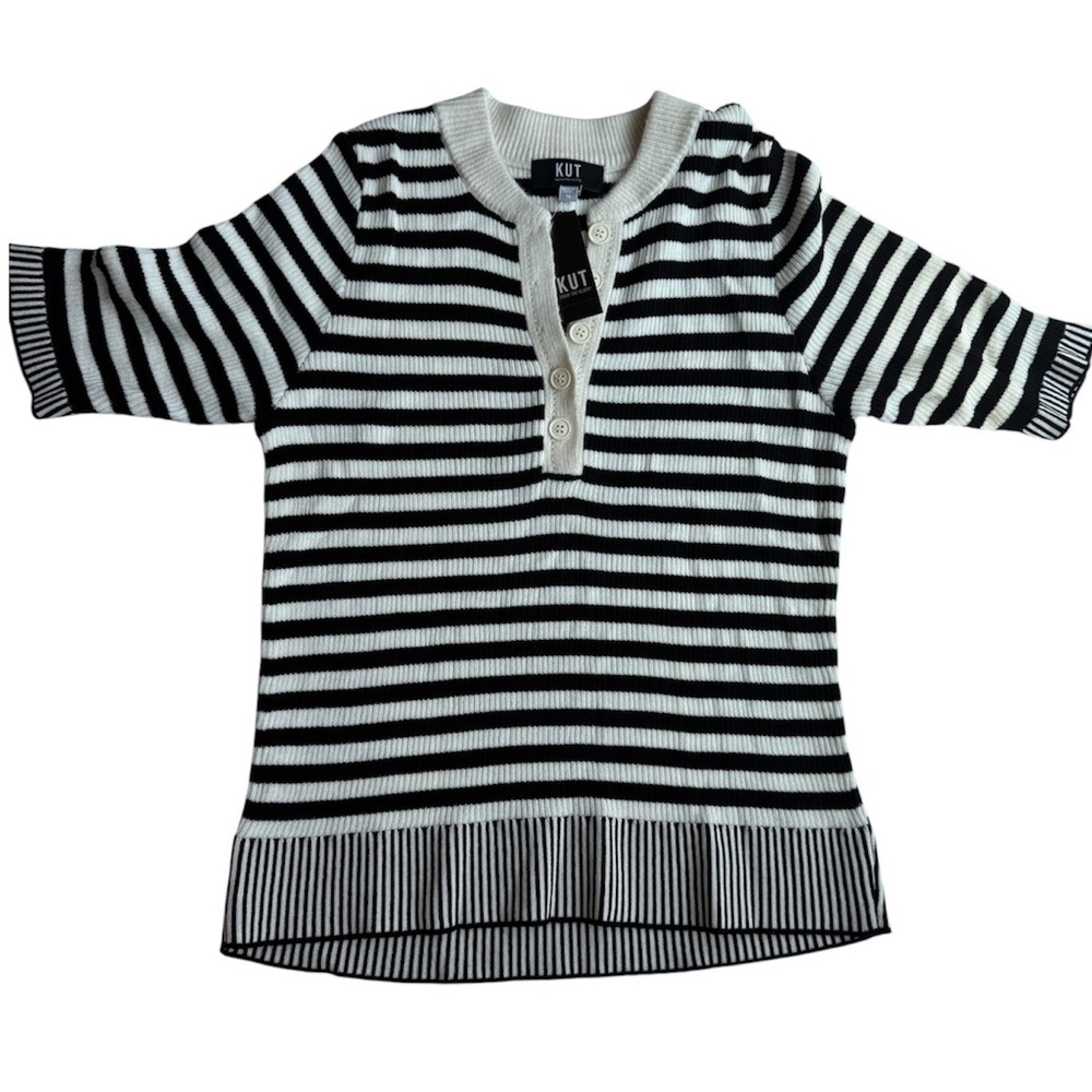 KUT from the Kloth Black White Striped Henley Knit Sweater Top KT139001 M